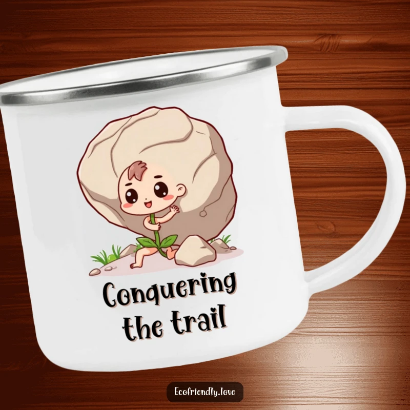Funny Seedling Camping Mug: A determined kawaii seedling character humorously pushing a giant boulder, perfect for outdoor use.