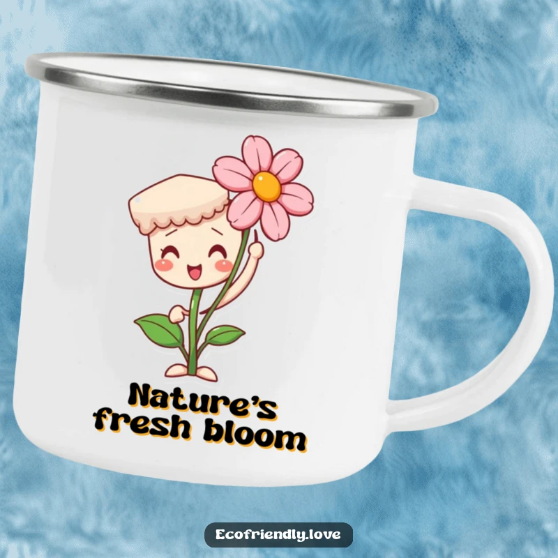 Funny camping mug with a proud seedling character holding a blooming flower. A durable and inspiring gift.