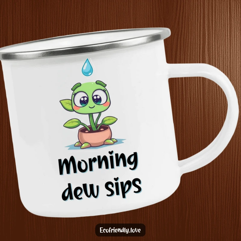 Funny camping mug featuring a wide-eyed plant seedling character absorbing a water drop, embodying quiet wonder and thirst for nature's embrace.