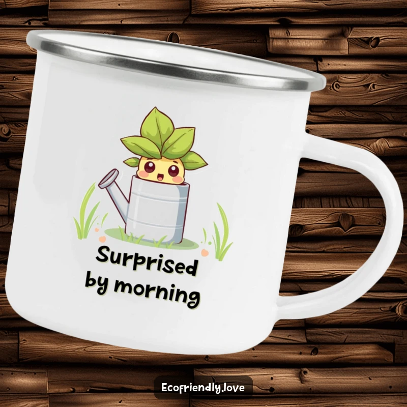 Funny camping mug featuring a surprised sprout peeking from a watering can, perfect for enjoying drinks during outdoor activities.