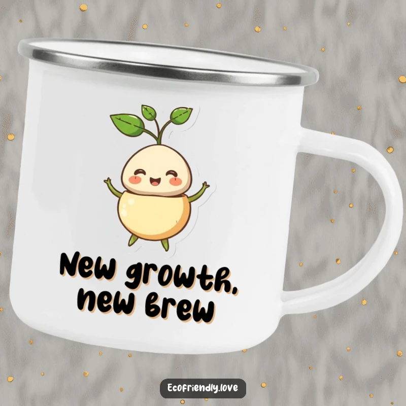 Funny camping mug showing a happy seed character bursting open, a sprout emerging, perfect for outdoor enthusiasts.