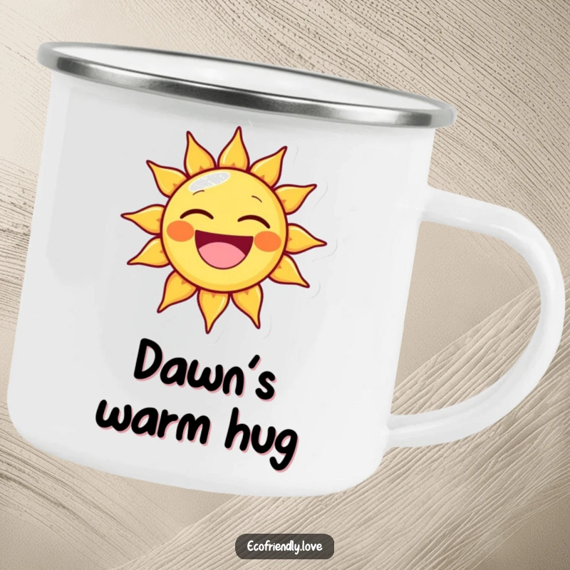 Funny camping mug with a beaming sun character, ready for adventure with a huge, happy grin. A durable and cheerful gift.