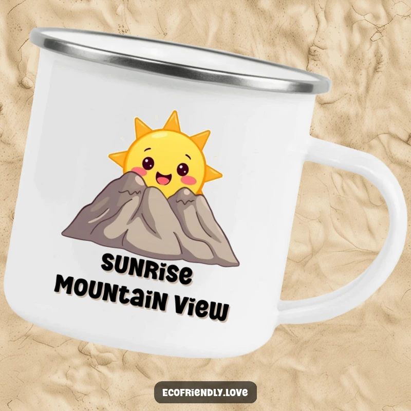 Funny camping mug featuring a surprised sun character peeking from behind a smiling mountain, perfect for enjoying drinks outdoors.