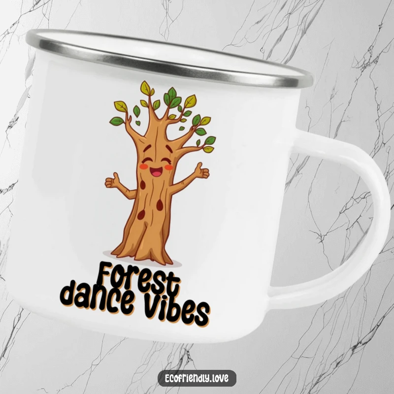 Funny camping mug with a tree character dancing energetically, ready for outdoor fun. A durable and fun gift.