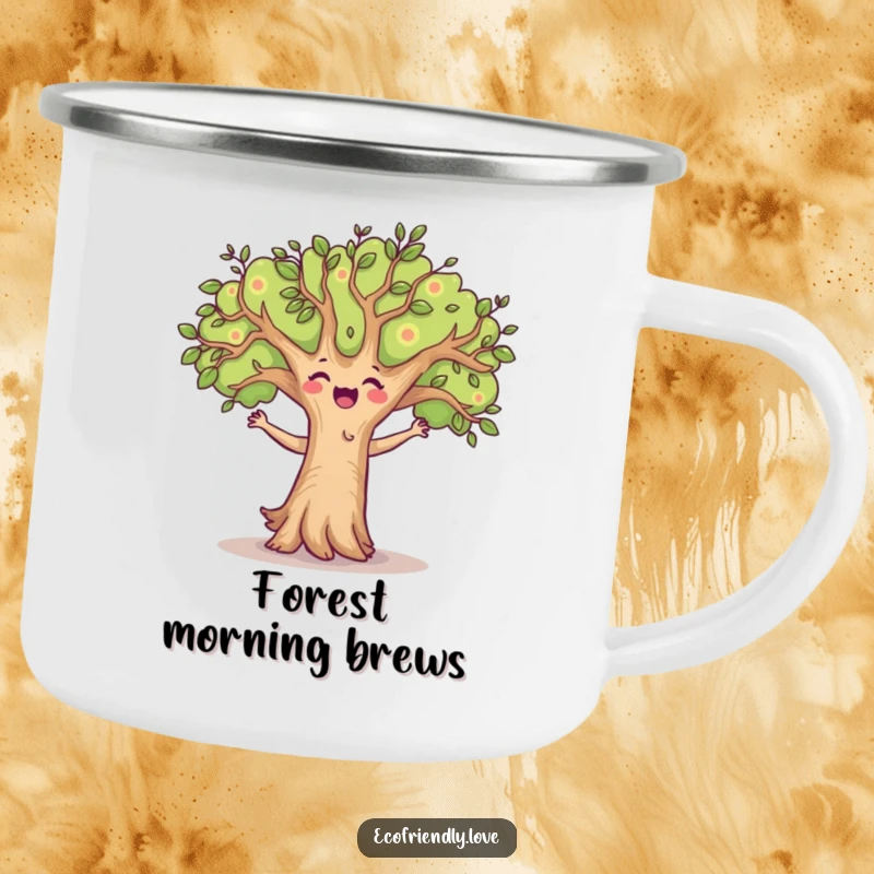 Funny camping mug featuring a happy tree character dancing outdoors, branches swaying joyfully, ideal for outdoor enthusiasts who appreciate humor.