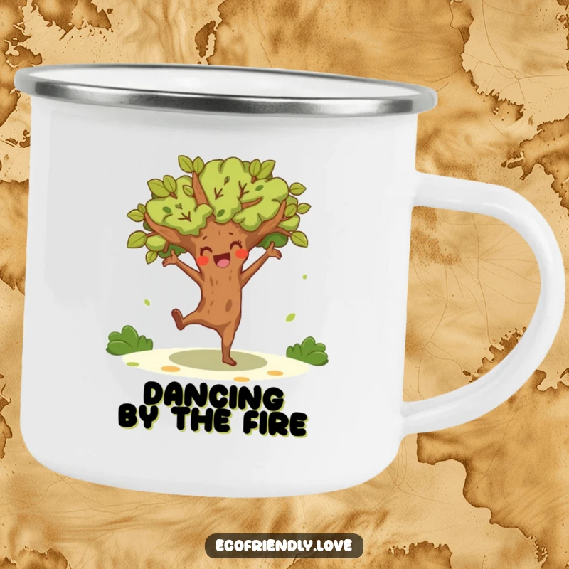 Funny tree character doing a joyful, energetic dance, on a rugged camping mug for humorous outdoor enjoyment.