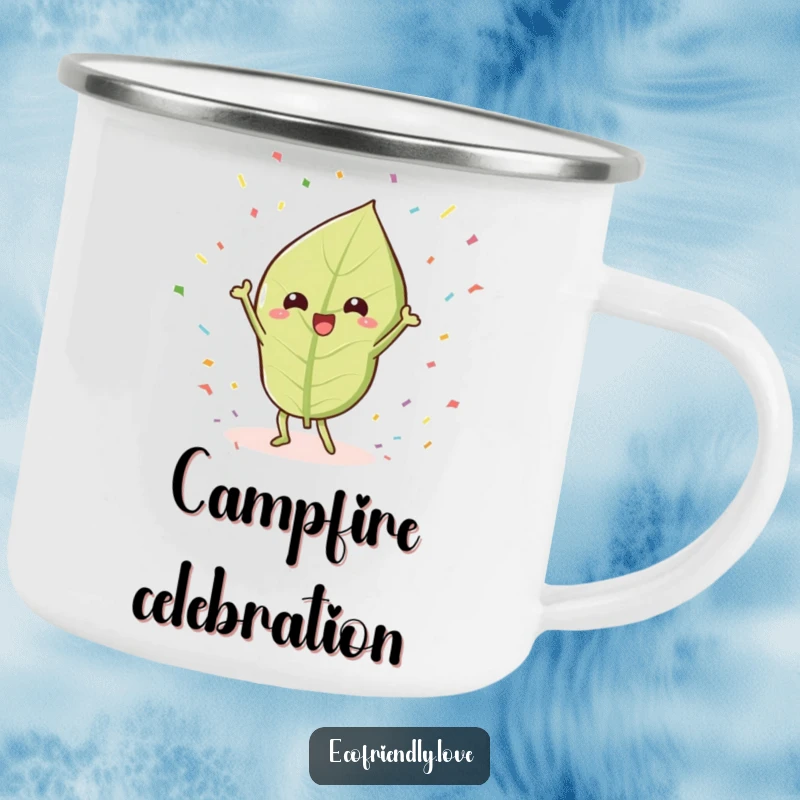 Funny Leaf Camping Mug: A kawaii leaf character humorously doing a victory dance surrounded by confetti, perfect for outdoor celebrations.
