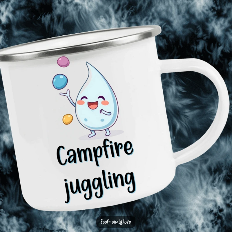 Funny enamel camping mug featuring a happy water droplet character juggling colorful pebbles, durable and fun.