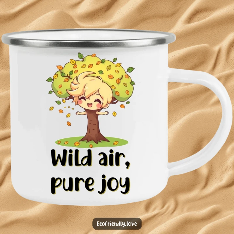 Funny camping mug featuring a playful wind character blowing leaves around a cheerful tree, perfect for outdoor enthusiasts who love nature's fun.