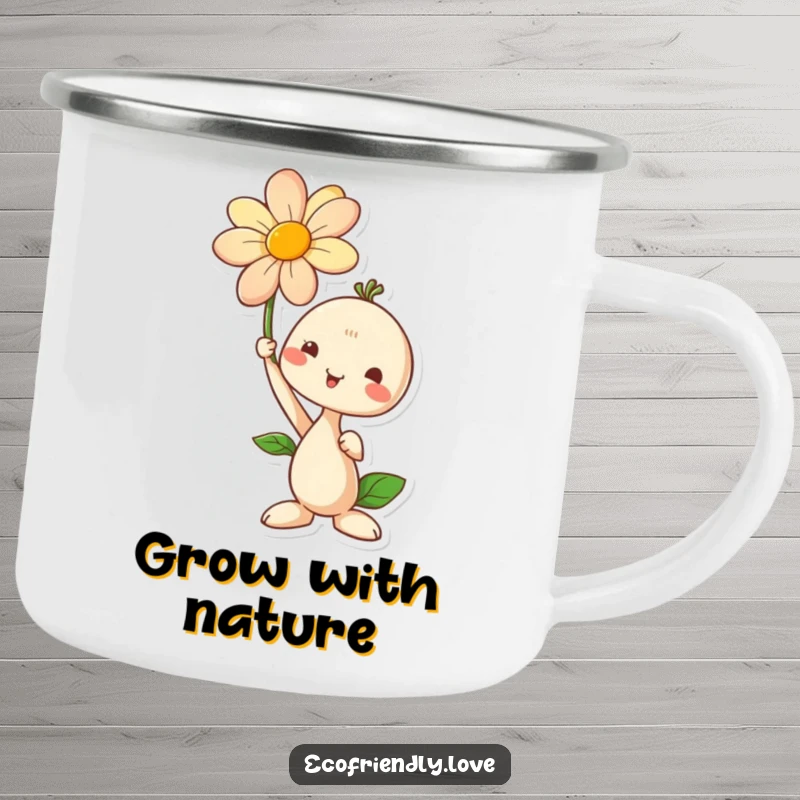 Funny camping mug with a seedling character proudly holding a blooming flower, perfect for outdoor use and celebrating growth.