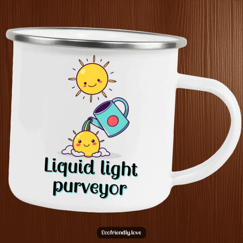 Funny kawaii watering can pouring a rainbow into a smiling sun, designed for a rugged and cheerful enamel camping mug.