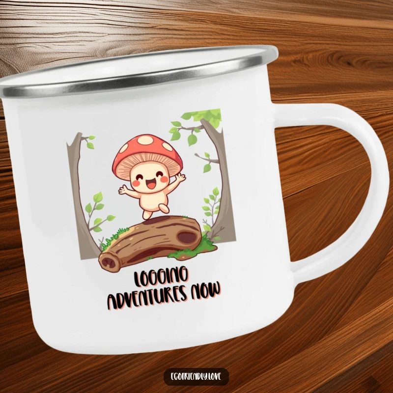 Funny camping mug featuring a happy mushroom character bouncing on a mossy log, perfect for forest adventurers.