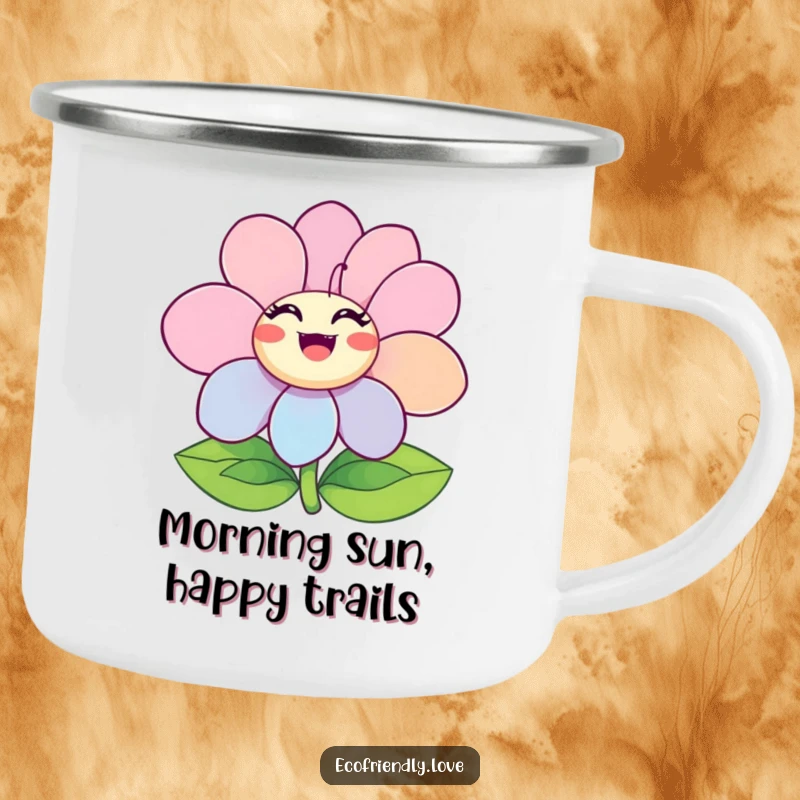 Funny Ecstatic Flower Camping Mug featuring a character in ecstatic bloom, with bright, happy petals, ideal for outdoor enjoyment.