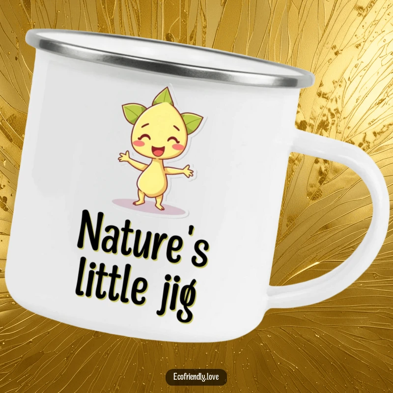 Funny camping mug featuring a happy sprout character doing an excited dance, perfect for outdoor enthusiasts who love spreading cheer.