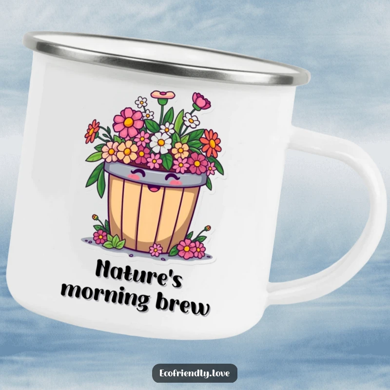 Funny compost bin camping mug featuring a cheerful character comically overflowing with smiling flowers, perfect for outdoor eco-humor.