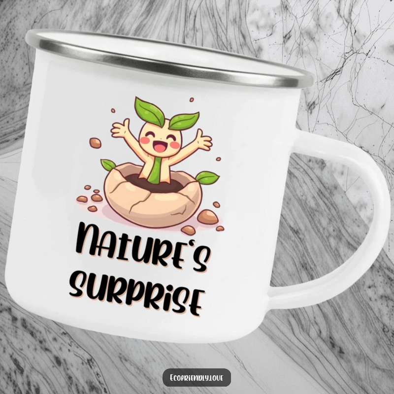Funny enamel camping mug featuring a small sprout character bursting from a seed in happy surprise.