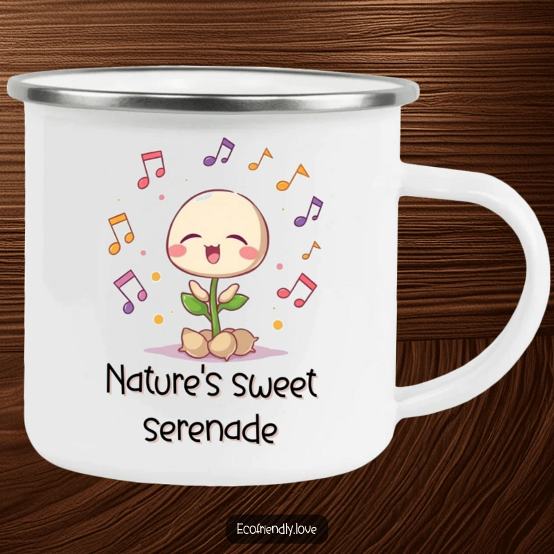 Funny singing seedling camping mug with musical notes, eyes closed in delight, for outdoor music lovers, a fun funny gift.