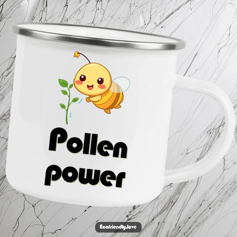 Funny camping mug with a happy bee character flying while holding a plant sprout, perfect for any outdoor enthusiast.