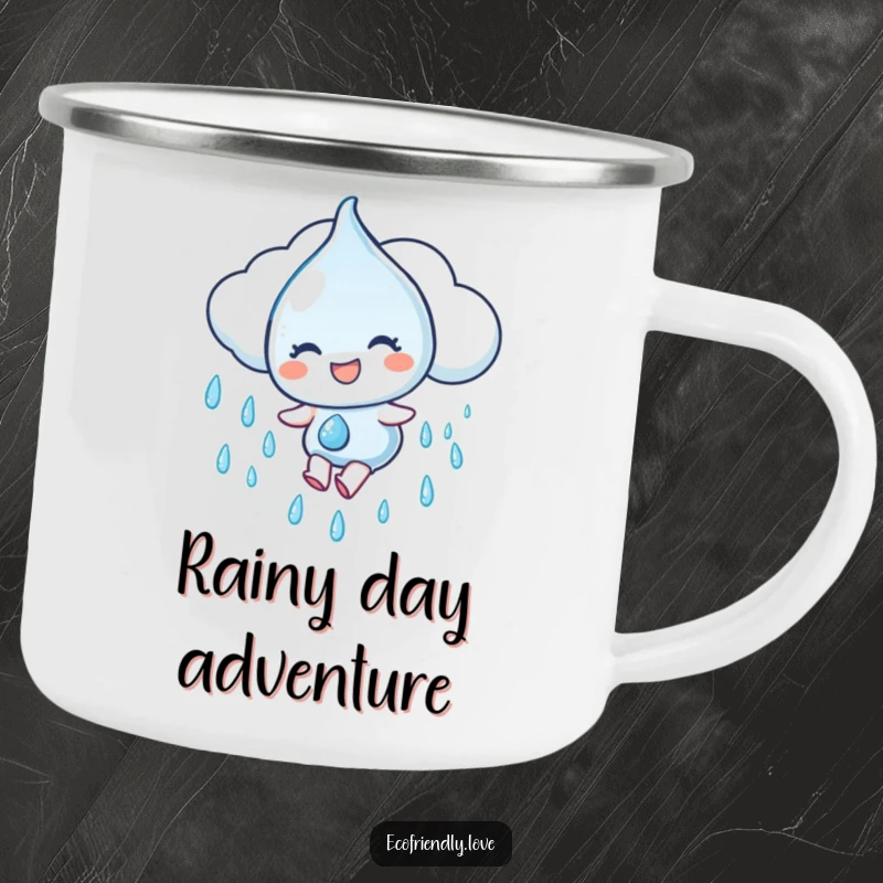 Funny Camping Mug: A water droplet character gleefully slides down a rain cloud, bringing refreshing joy to outdoor adventures, a durable funny gift.