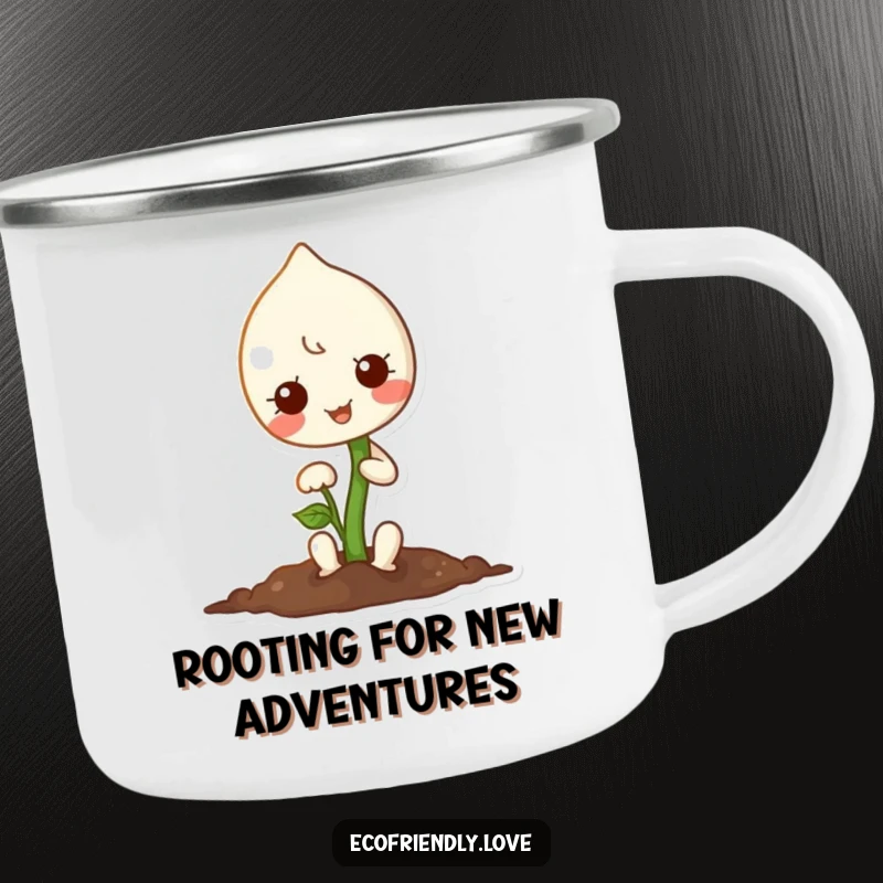 Funny camping mug showing a kawaii sprout planting a seed, a charming companion for outdoor activities.