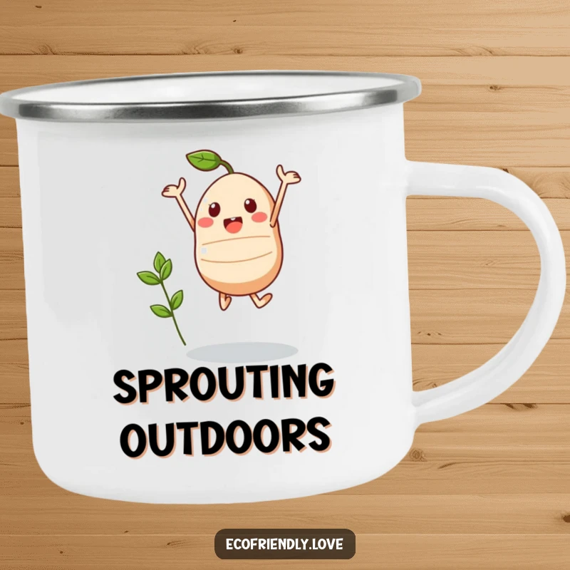 Funny Kawaii Seed Camping Mug: A triumphant seed character jumps with a sprout, ideal for enjoying drinks outdoors.