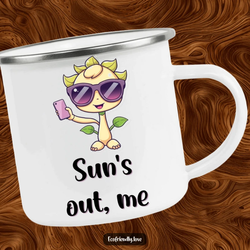 Funny Kawaii Sprout Camping Mug: A cute sprout character wearing oversized sunglasses, humorously taking a selfie, perfect for outdoor use.