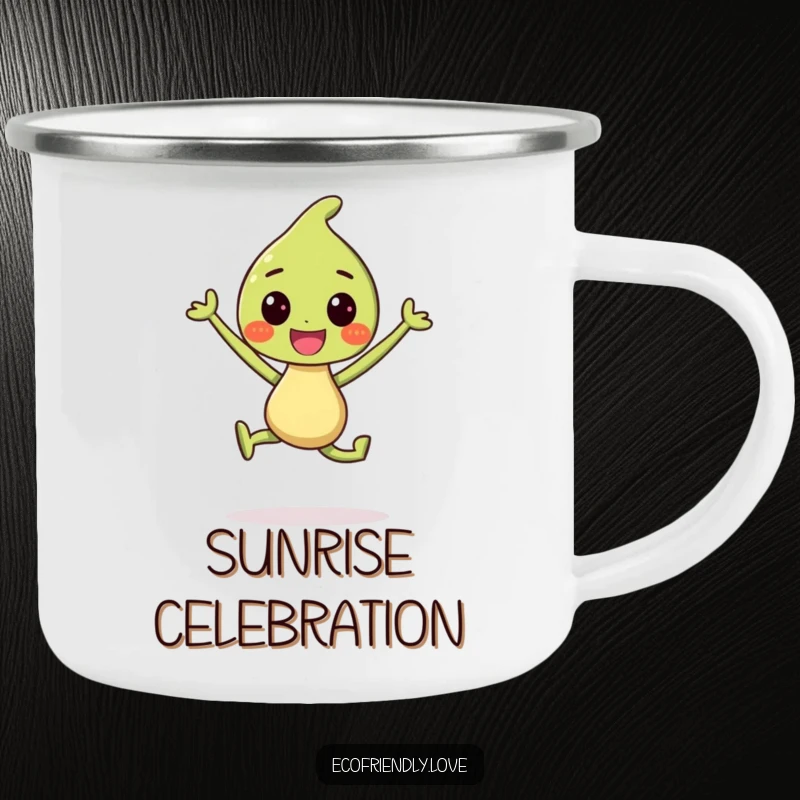 Funny Camping Mug: A smiling sprout character jumping for joy, perfect for outdoor adventures and spreading cheer.