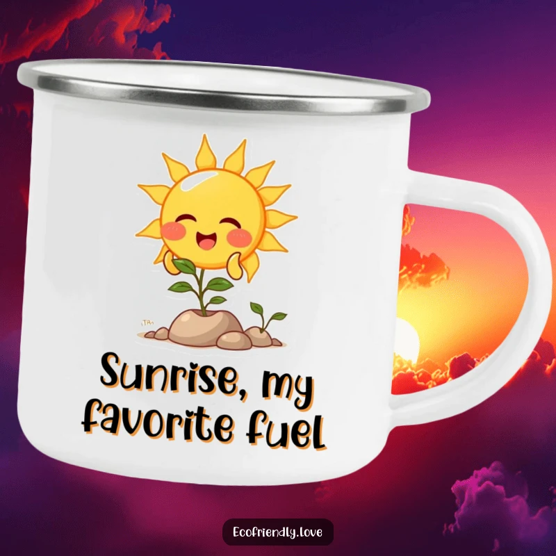 Funny camping mug featuring a giggling sun character showering a plant with light, perfect for enjoying drinks outdoors.