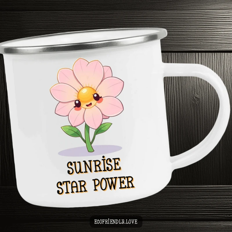 Funny kawaii flower dramatically posing under a spotlight on a rustic camping mug, a humorous outdoor essential.