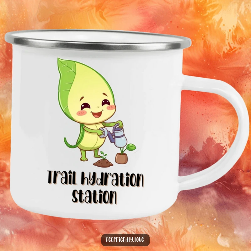 Funny camping mug featuring a smiling leaf character watering a small plant, perfect for enjoying drinks outdoors with a smile.