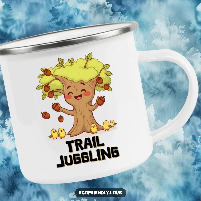 Funny smiling tree character juggling acorns with attentive tiny birds watching, printed on a rugged and funny camping mug.