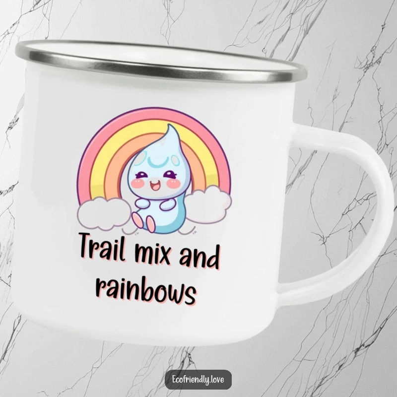 Funny Camping Mug featuring a smiling dewdrop character joyfully sliding down a rainbow, perfect for cheerful outdoor beverage enjoyment.