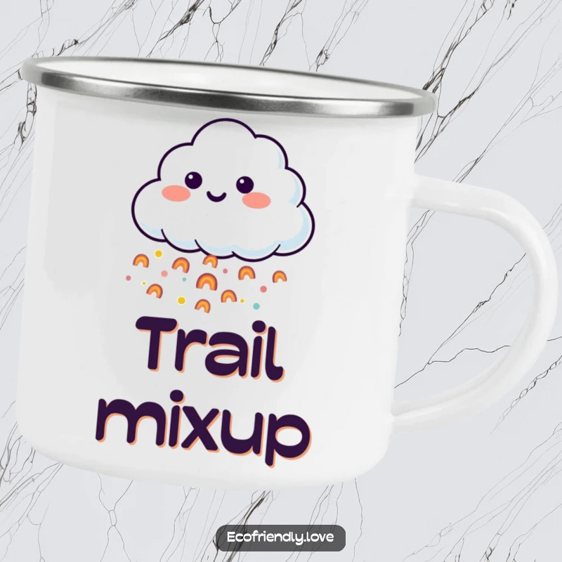Funny camping mug featuring a smiling cloud character releasing a stream of tiny, happy rainbows, perfect for outdoor enthusiasts.