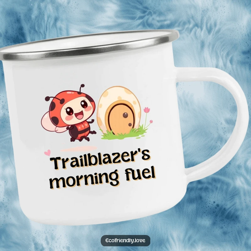 Funny camping mug showing a ladybug character zooming past a smiling mushroom house, bringing portable garden joy.