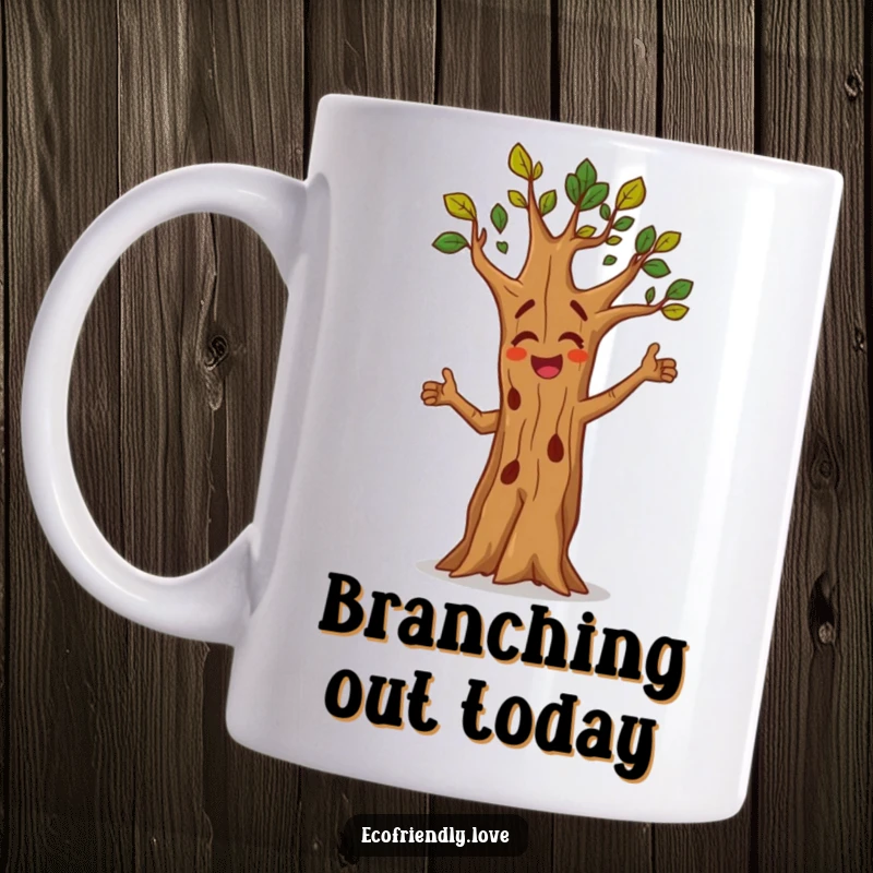 Funny mug featuring a tree character in a wildly energetic and joyful dance pose. Perfect gift for a free spirit.