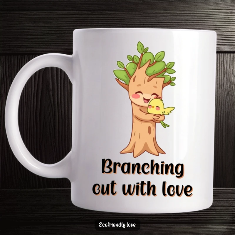 Funny mug depicting a joyful tree character affectionately hugging a small, happy bird, symbolizing friendship and nature.