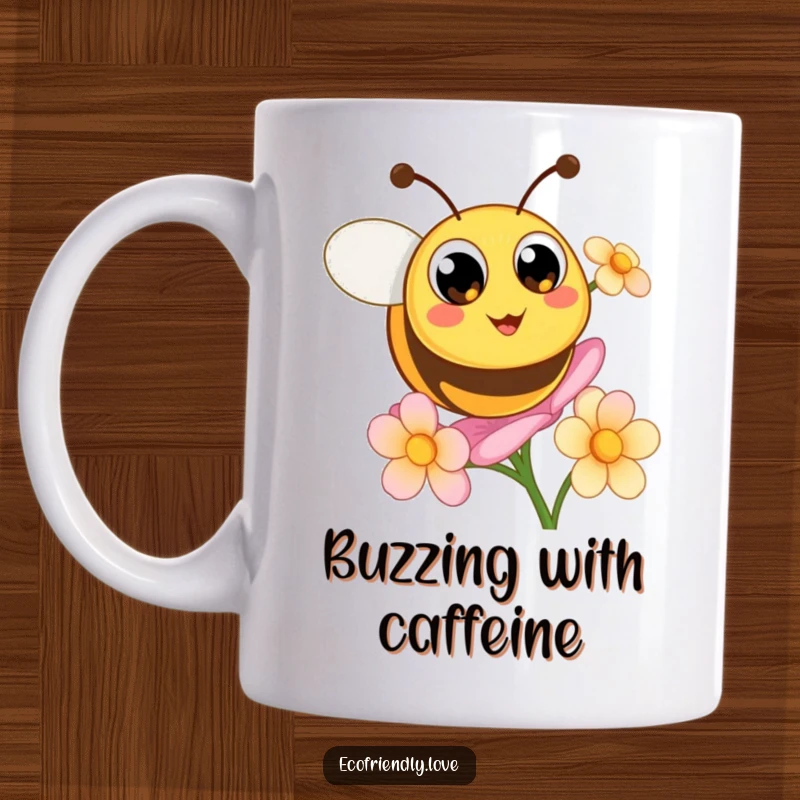 Funny mug depicts a cute, round bee with big happy eyes buzzing excitedly around a vibrant blooming flower.