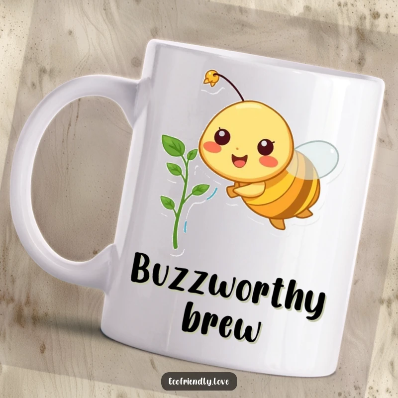 Funny mug showing a happy bee character in flight, carrying a small green plant sprout, symbolizing growth and happiness.