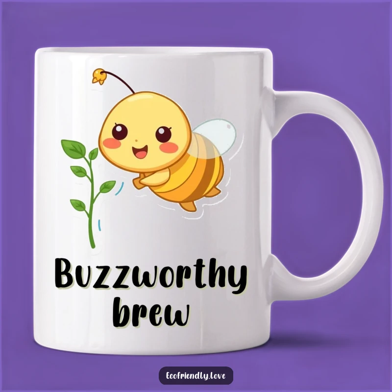 Funny Bee Mug: Cheerful Character Flying with Sprout, Perfect Gift for Gardeners