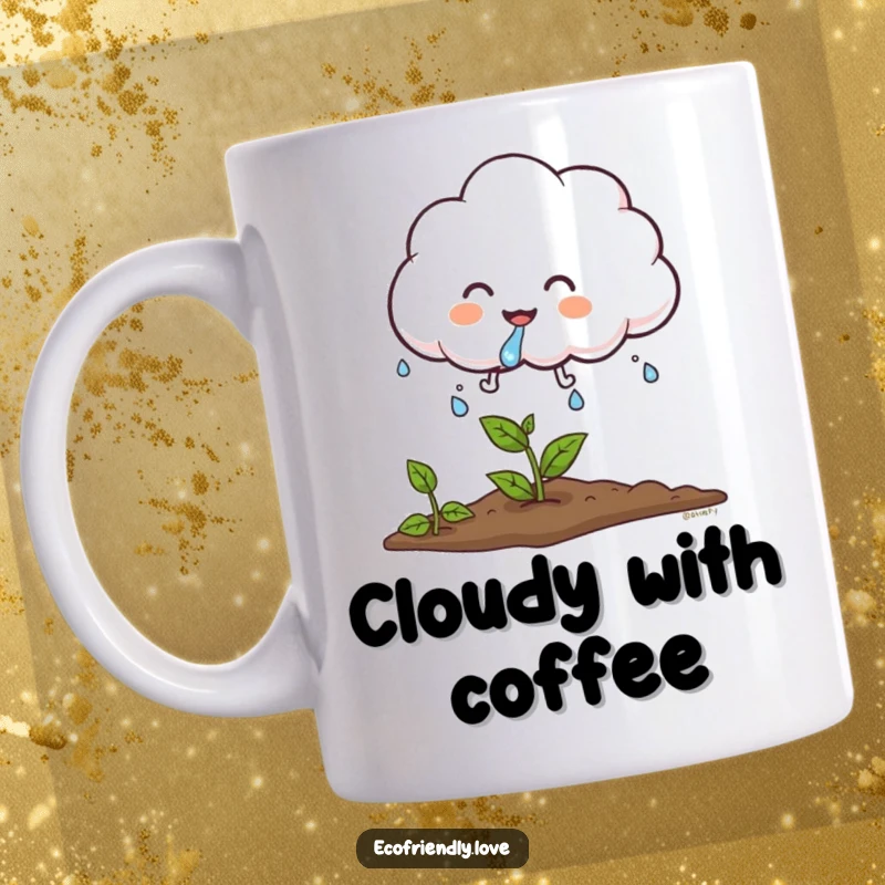 Funny cloud mug featuring a fluffy, giggling cloud character sprinkling tiny water droplets onto a small, growing plant, symbolizing gentle nourishment.