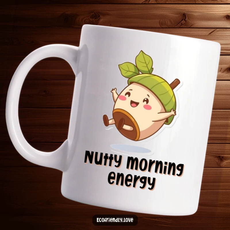 Funny mug showing a happy acorn character doing a cartwheel, wearing a leaf as a hat.