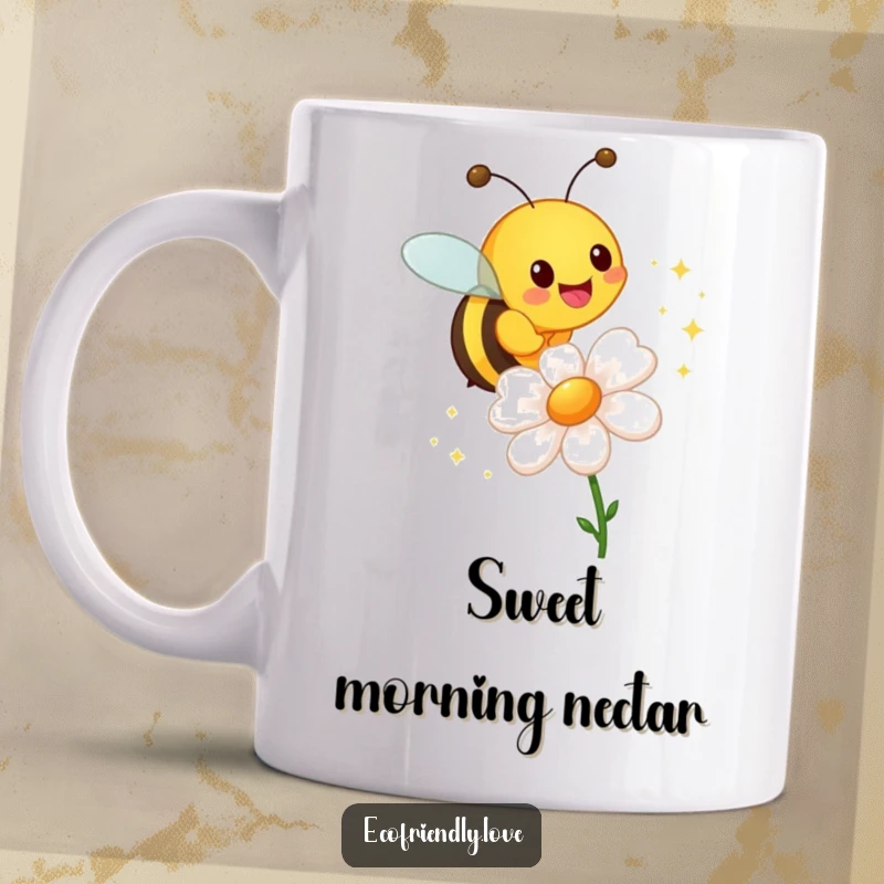 Funny mug showing a cheerful bee character hovering around a vibrant flower, leaving a shimmering trail of sparkles.