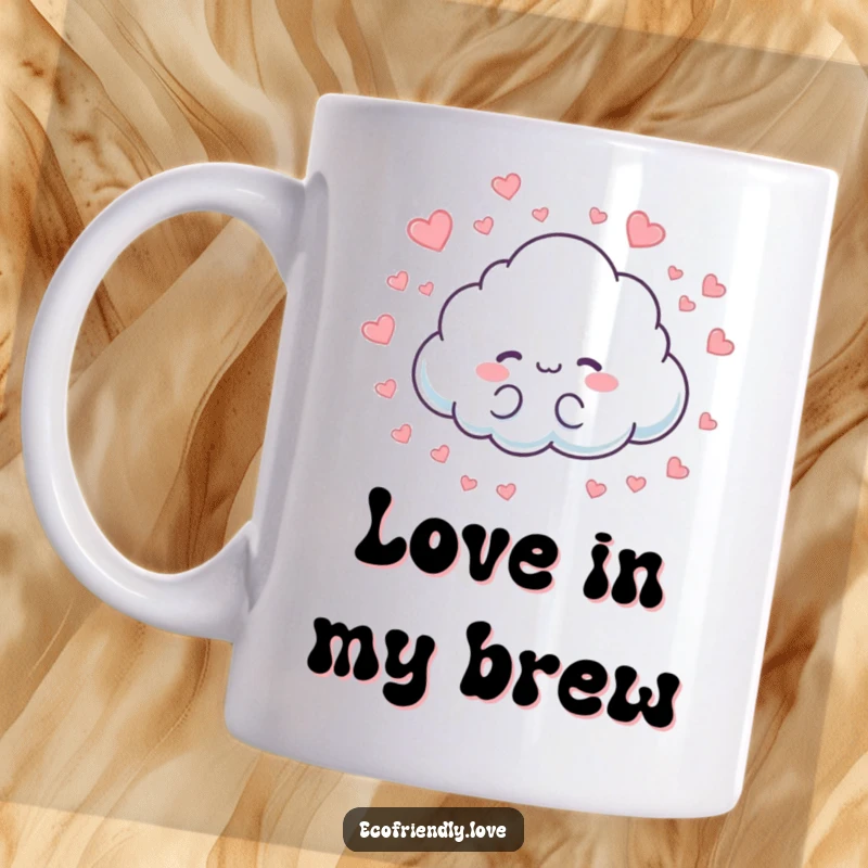 Funny mug featuring a cute cloud character playfully raining down tiny red hearts. A sweet and loving gift.