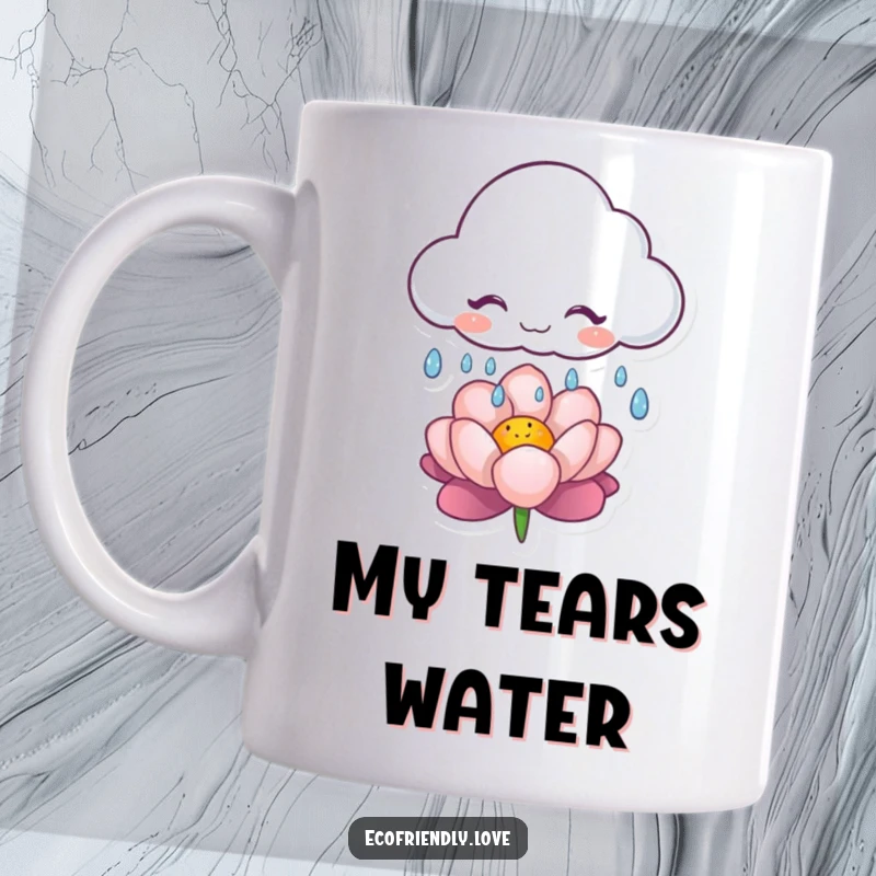 Funny mug showcasing a giggling cloud character playfully releasing gentle raindrops onto a happy, blooming flower.