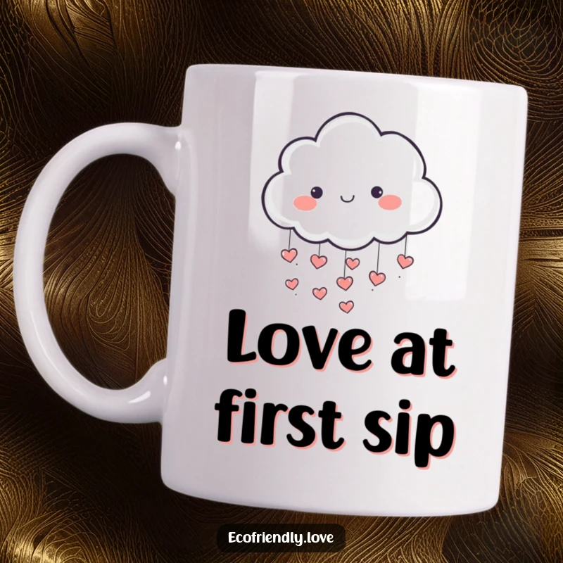 Funny mug featuring a whimsical cloud character joyfully raining down tiny red hearts, spreading love.