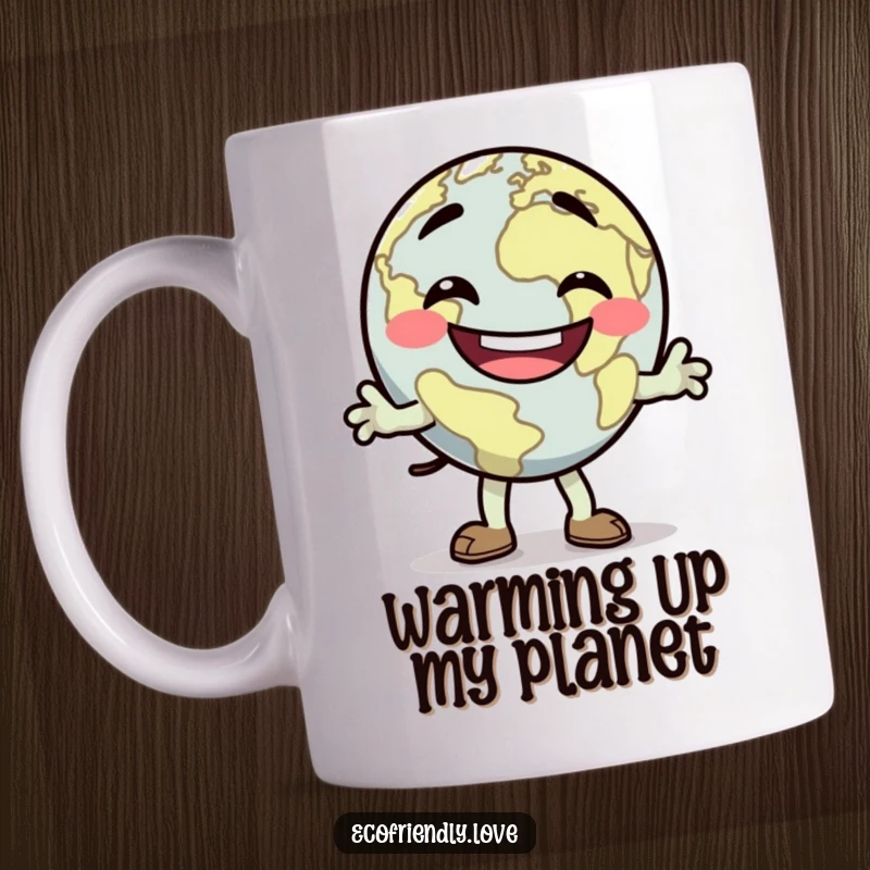 Funny dancing Earth mug with a goofy grin, doing a silly jig, a humorous and vibrant planet design, great funny gift.
