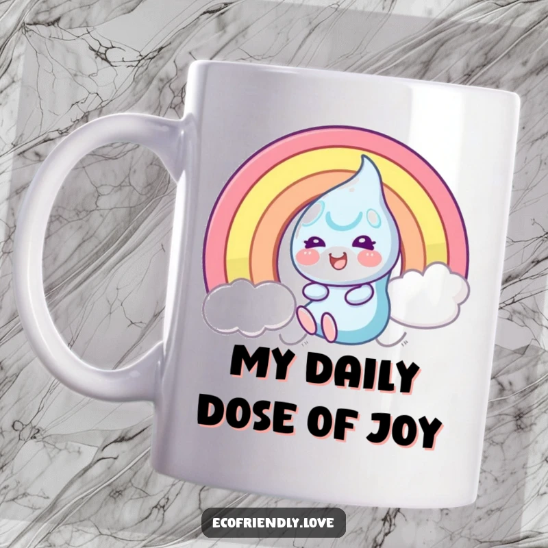 Funny Mug featuring a smiling dewdrop character joyfully sliding down a vibrant rainbow, spreading cheer and happiness.