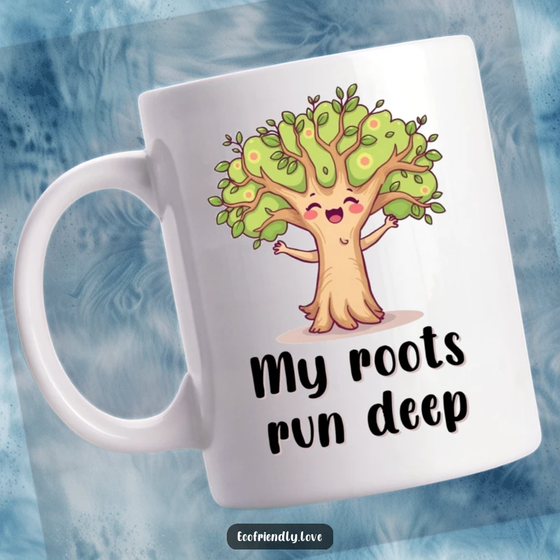 Funny mug with a happy tree character joyfully dancing, its branches swaying with energetic, whimsical movement, perfect for nature lovers.