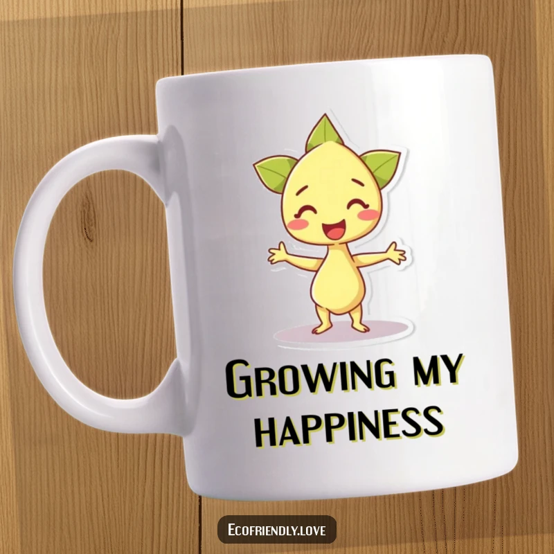 Funny mug depicting a happy sprout character doing an excited dance, radiating joy, growth, and infectious positivity, perfect for a happy gift.