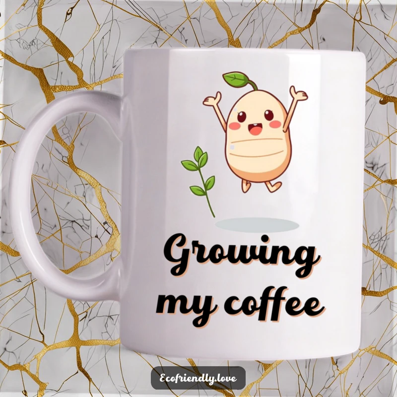Funny Kawaii Seed Mug: A cute seed character performs a triumphant jump with a tiny sprout emerging, celebrating growth.